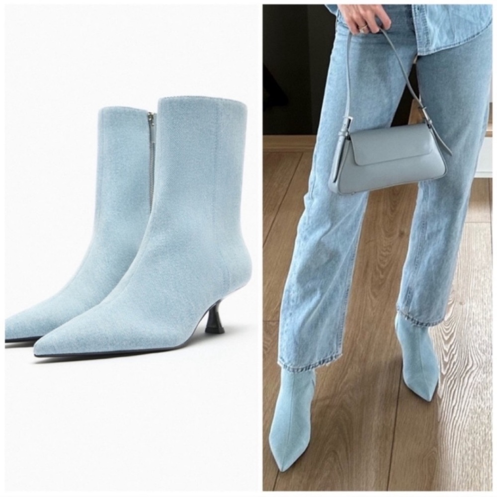Zara blue denim kitten heel boots